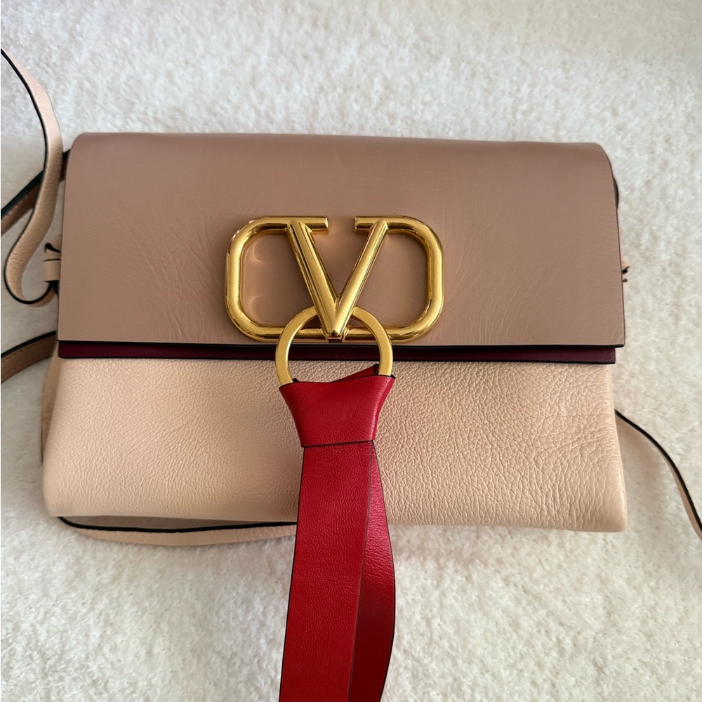 Valentino Cream and Red Crossbody Bag with Gold V Logo